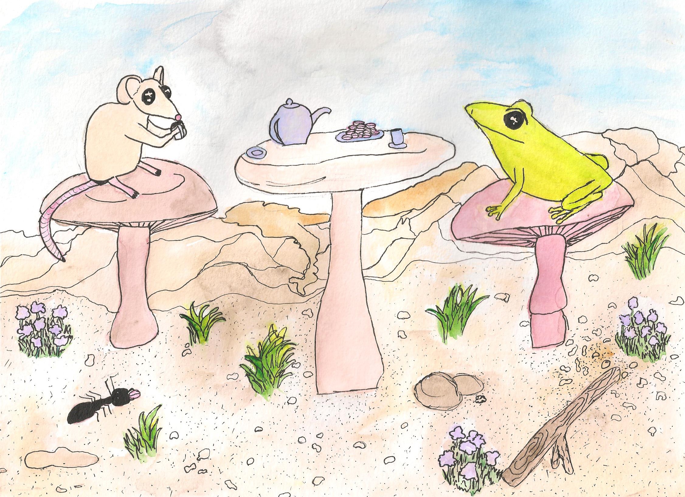 Mouse and Frog at Tea party, watercolor